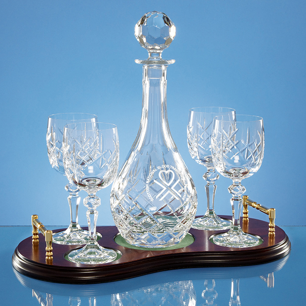 Large image for Crystal 5 Piece Wine Set on Wood Base